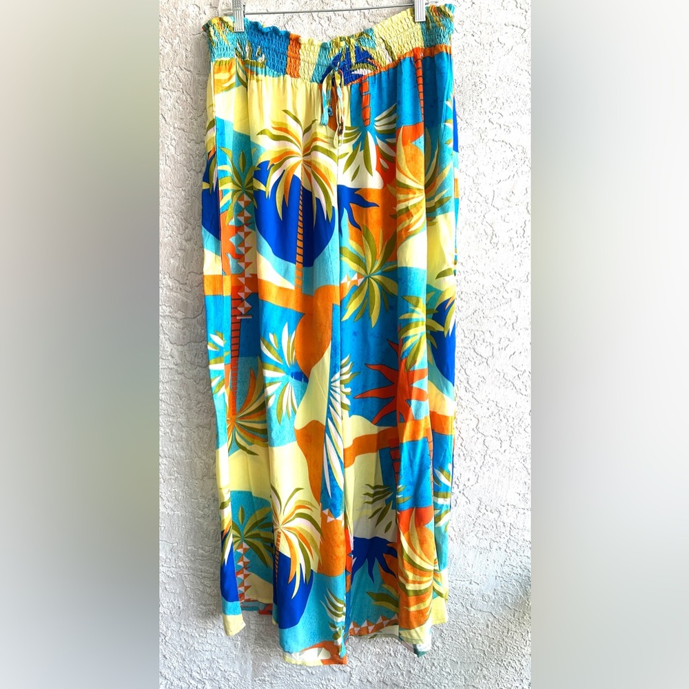 Label of Love Tropical Vacation Elastic Waist Wide Leg Pants Flowy